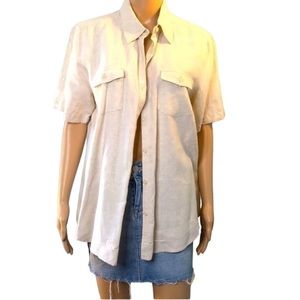 Kim Rogers size large button down shirt / shacket khaki cream color 100% linen.‌